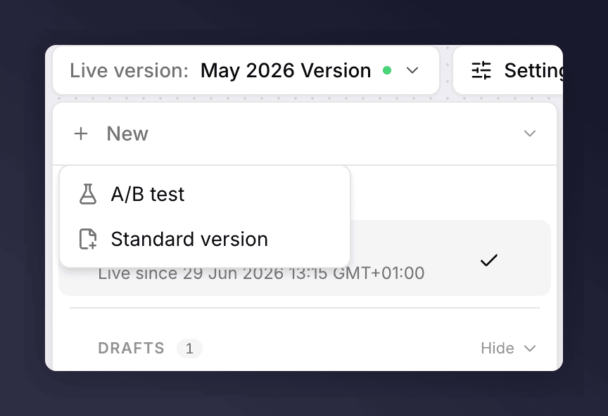 The version picker with the New version menu open