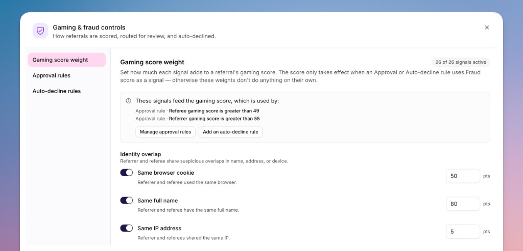 The fraud controls showing approval rules, auto-decline rules and signal
weights