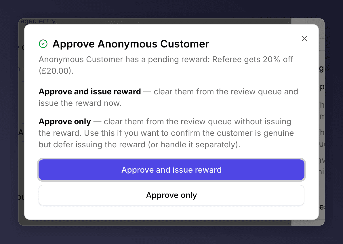 Approve dialog with 'Approve and issue reward' and 'Approve only' options