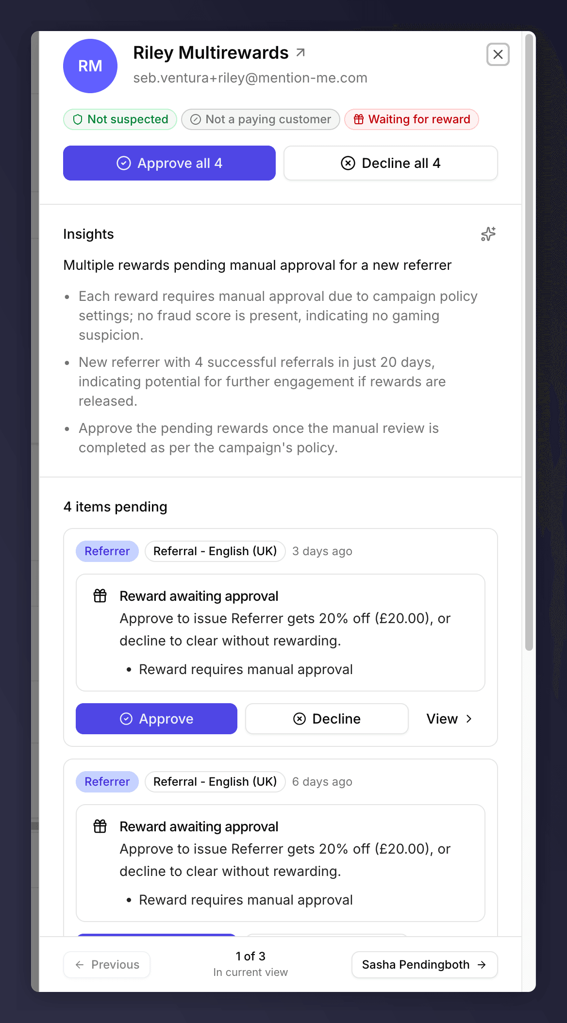 Multi-item sheet with two stacked rewards and Approve all / Decline all footer buttons