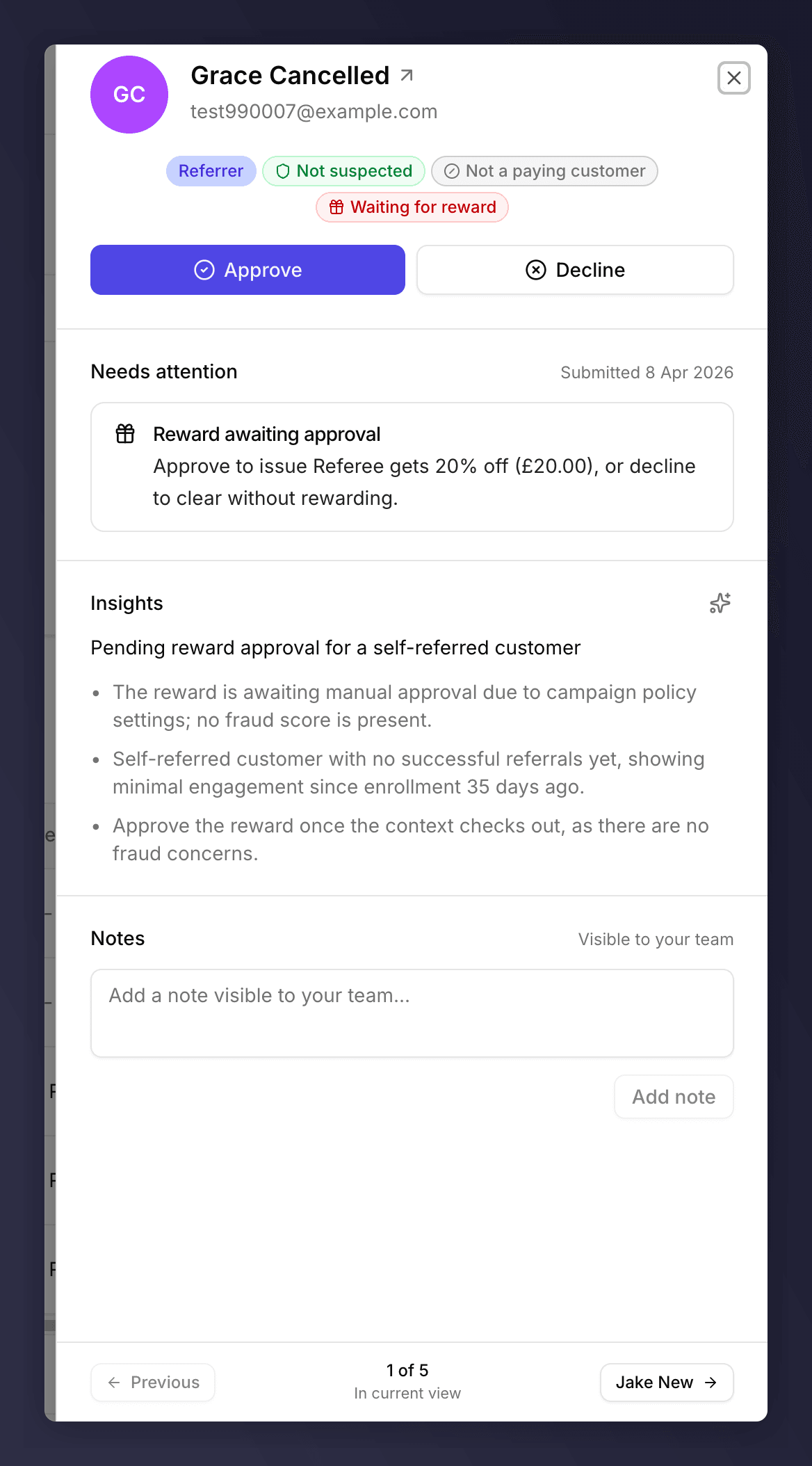 Side sheet showing the customer header, fired signals, referral, timeline, and footer actions