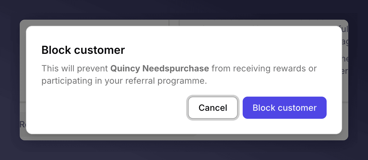 Confirmation dialog asking 'Block this customer?' with Cancel and Block buttons