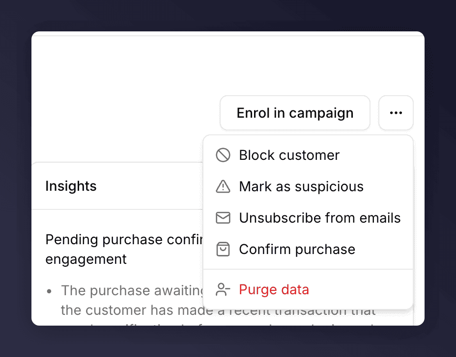 Profile actions menu with Block customer, Unsubscribe, Confirm purchase, and Purge data