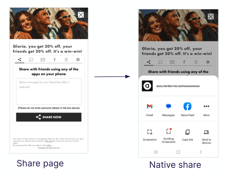 Native share enabled with Android apps on a mobile device