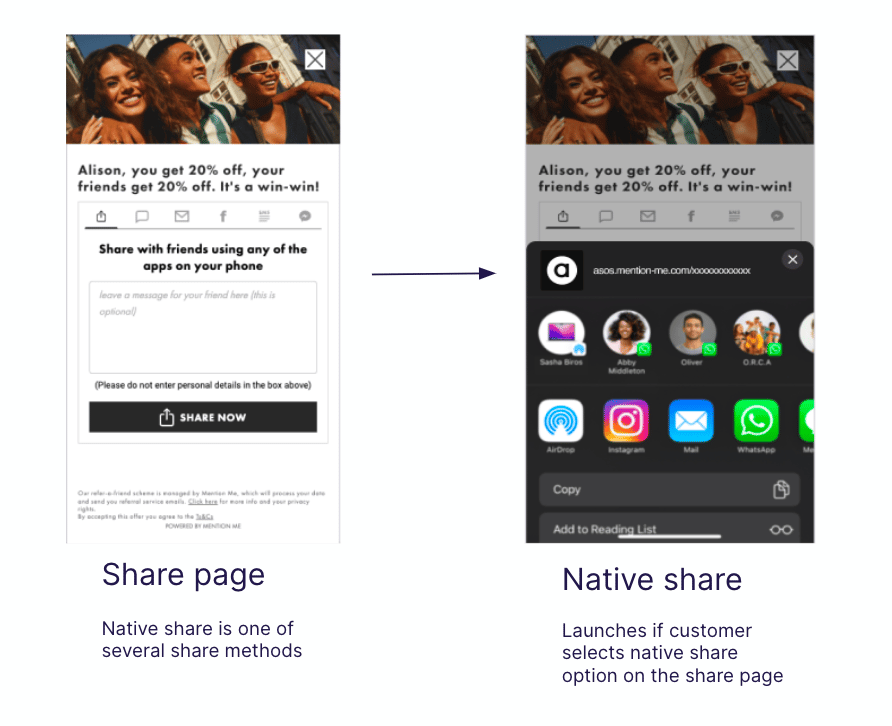 Demonstration of Native Share interface for referral on mobile device