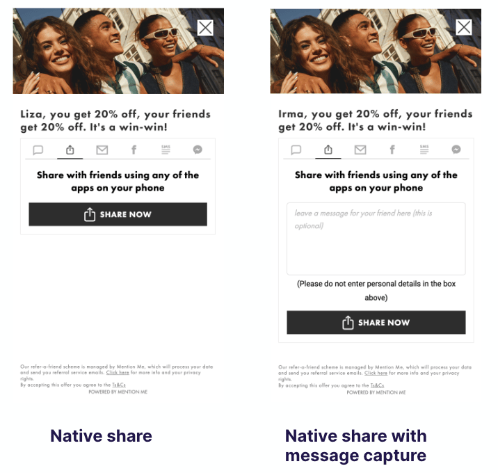 Comparison interface of Native Share vs Native Share with Message Capture