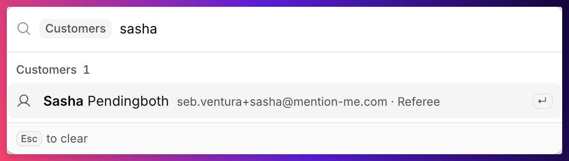 Search palette in Customers mode showing a matching customer with their email and role
