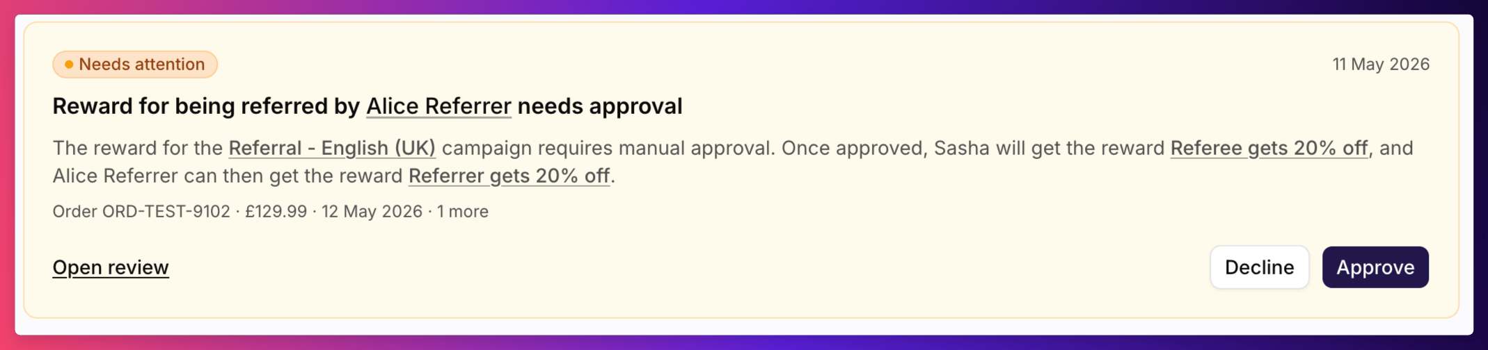 Needs attention card reading Reward for being referred by Alice Referrer needs approval, with the campaign, both rewards, the order, and Open review, Decline and Approve