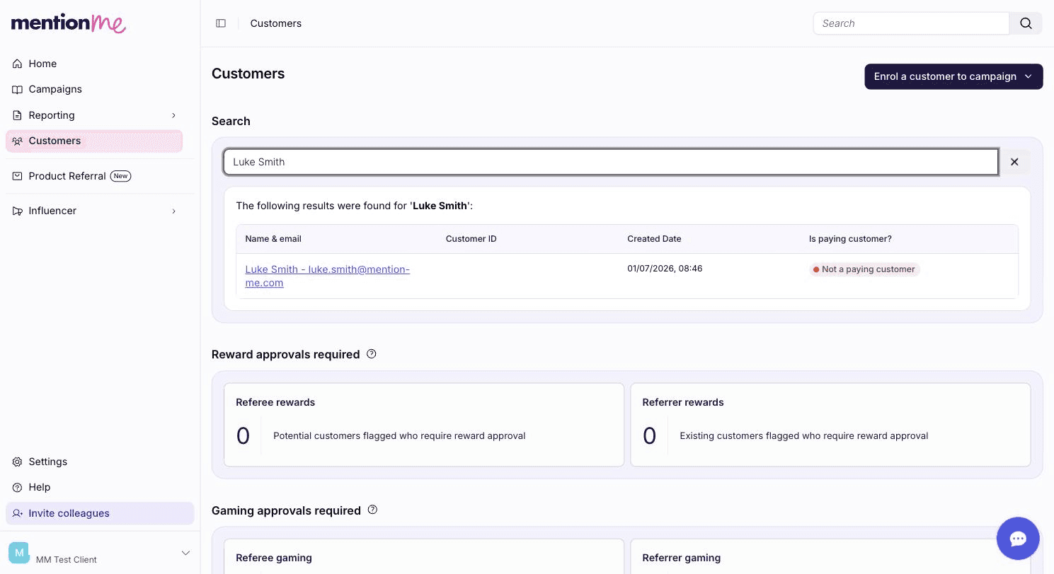 Customer search bar and list of results in Mention Me