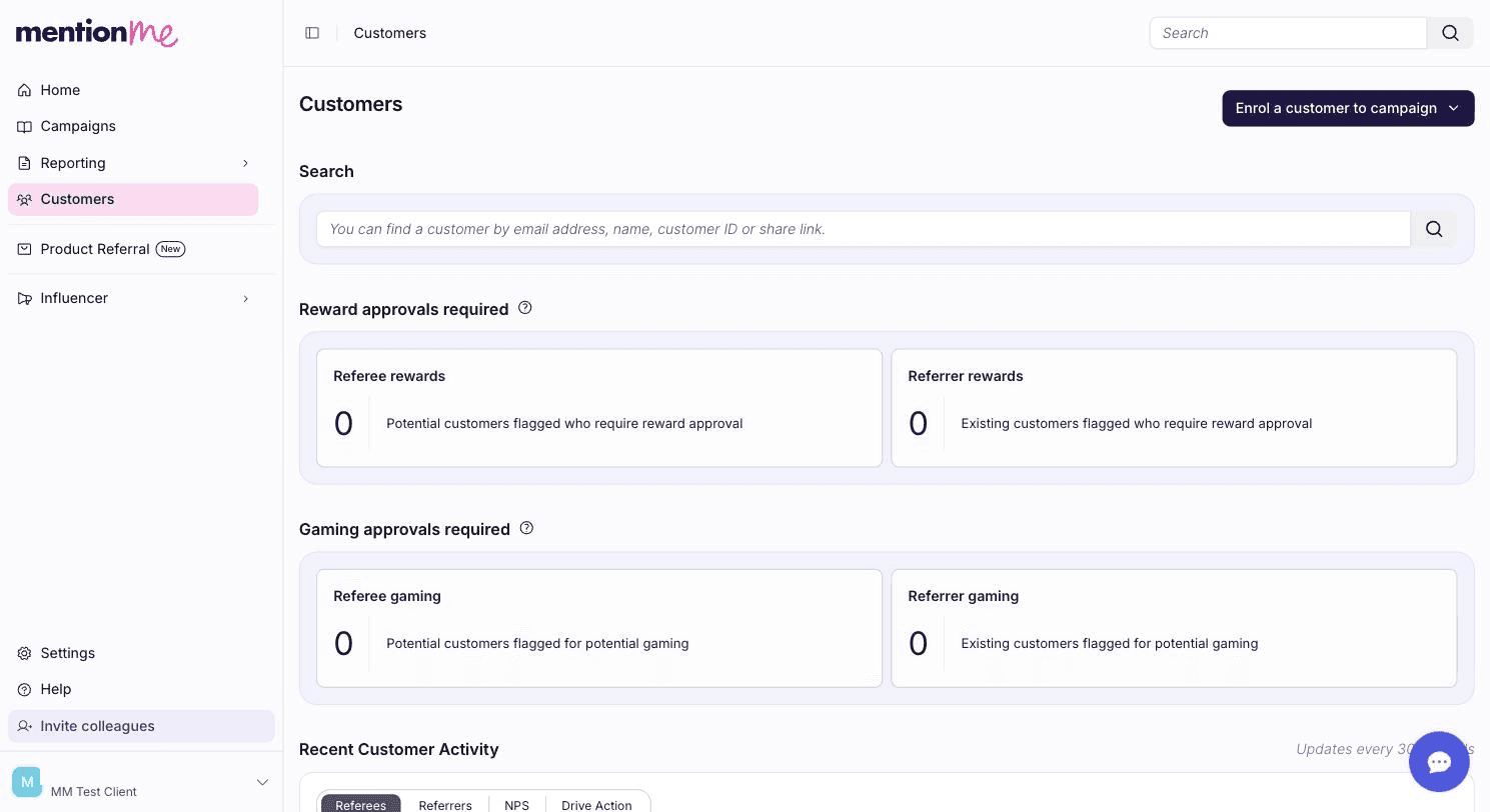Dashboard navigation to Customers section