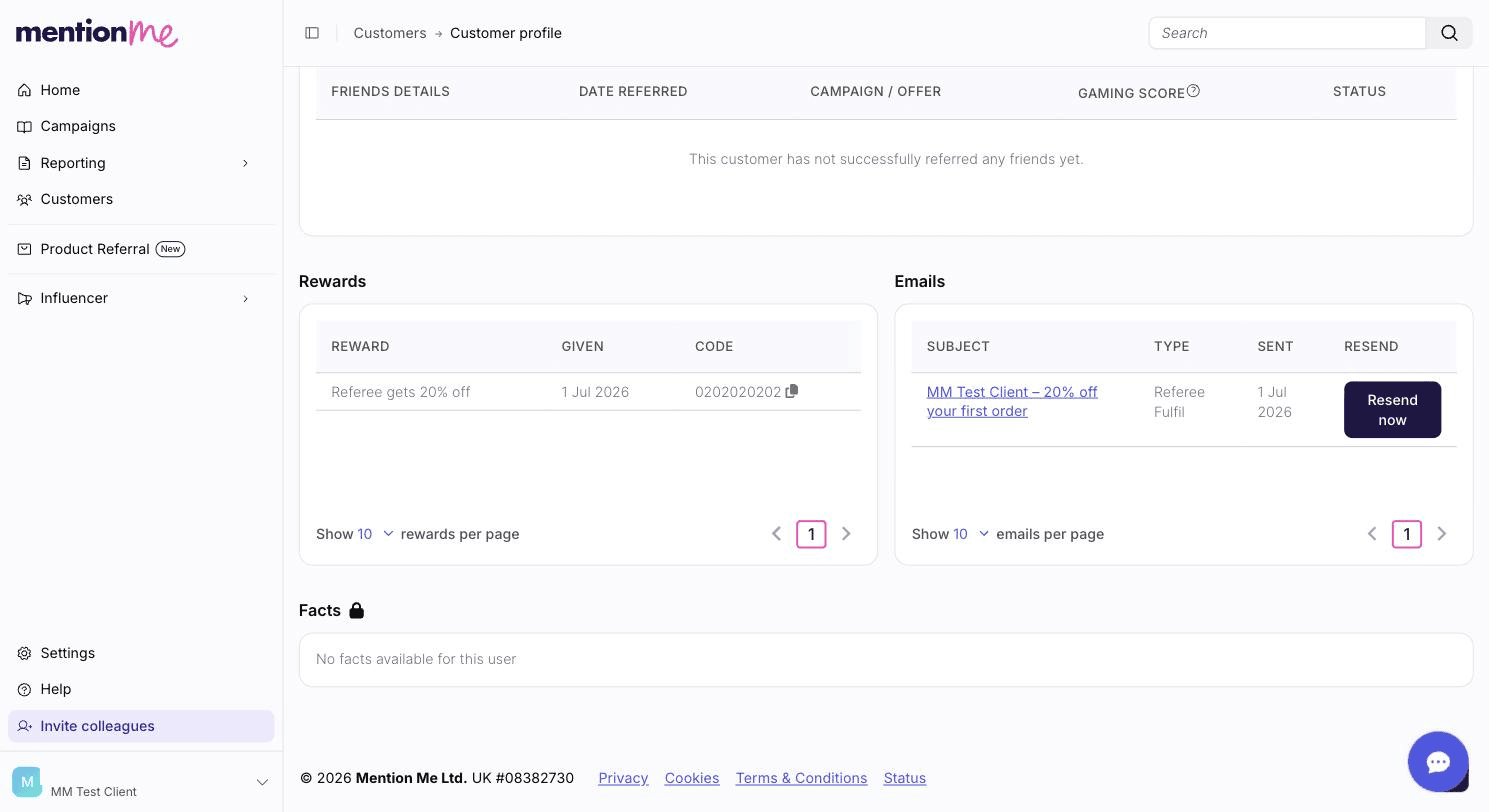 Reward code revealed in the Rewards section of a customer profile