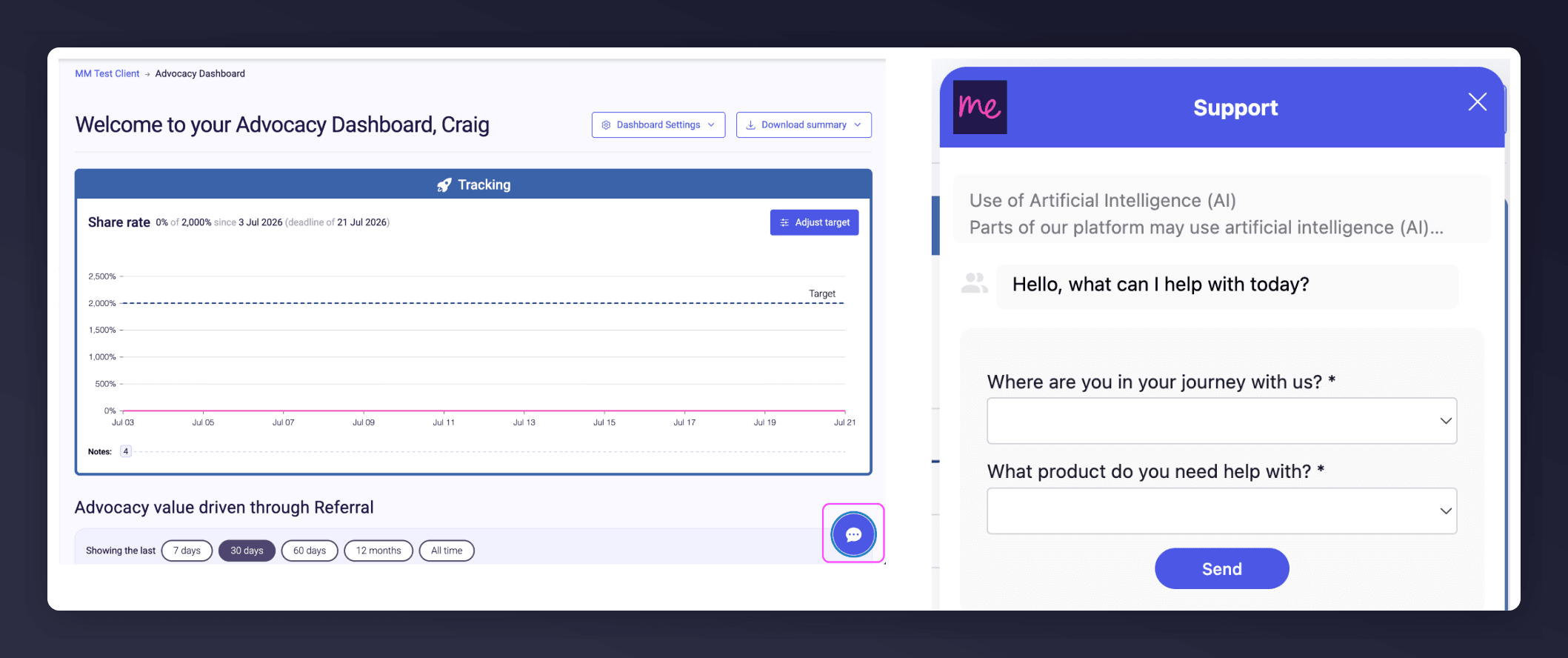 The Support widget's AI assistant asking what you need help with