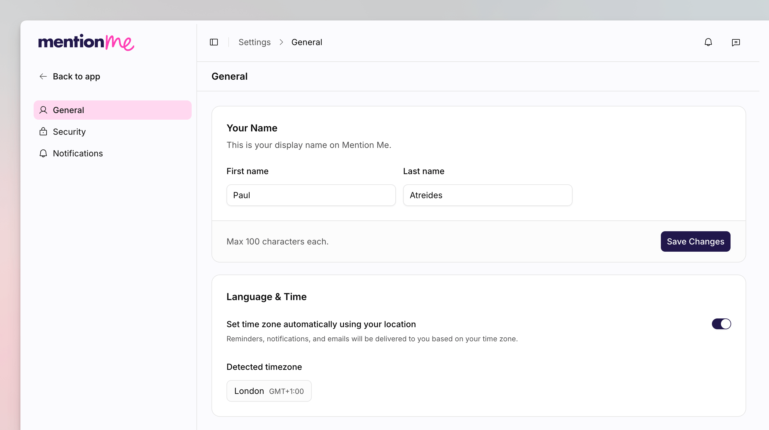 Account general settings showing name fields and timezone
controls