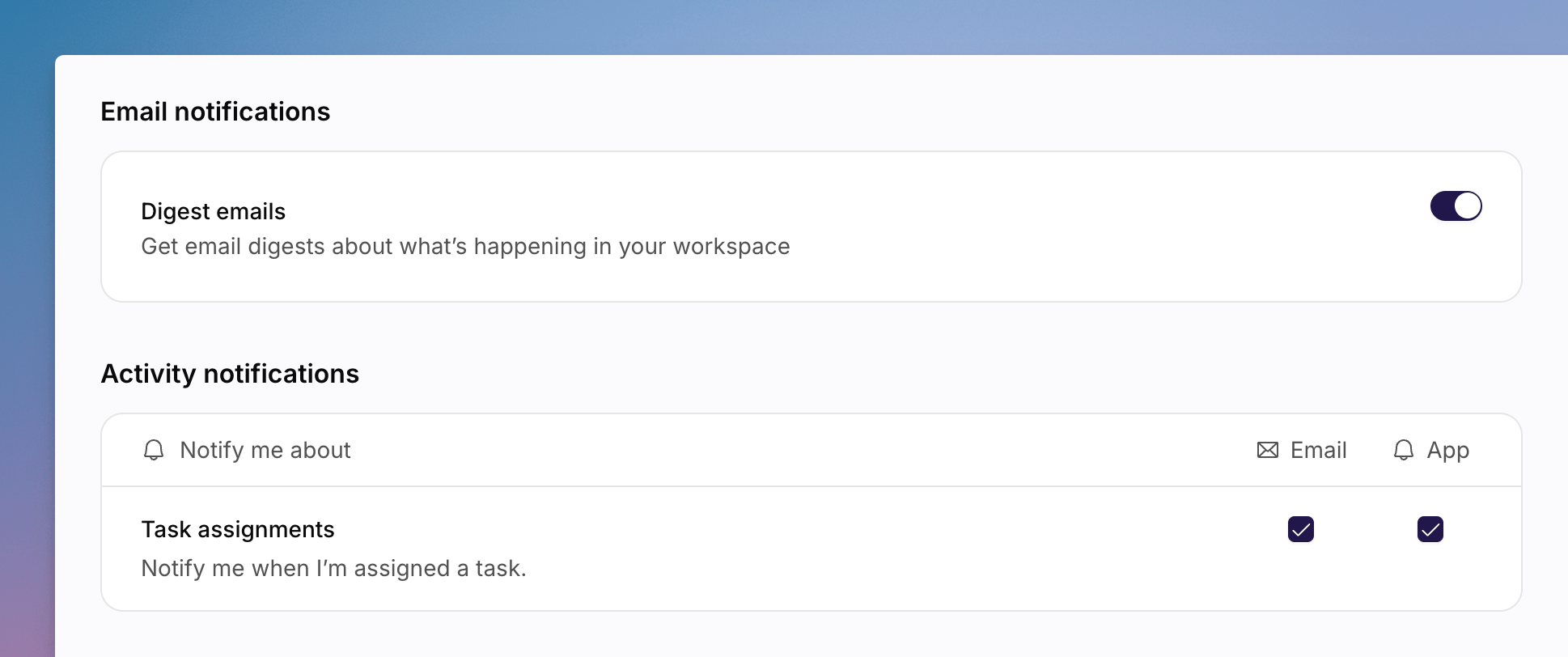 Account notification preferences with digest toggle and activity
checkboxes