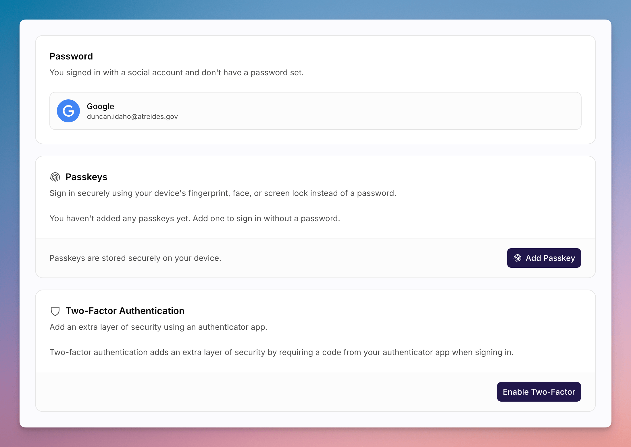 Account security settings showing password and two-factor
cards