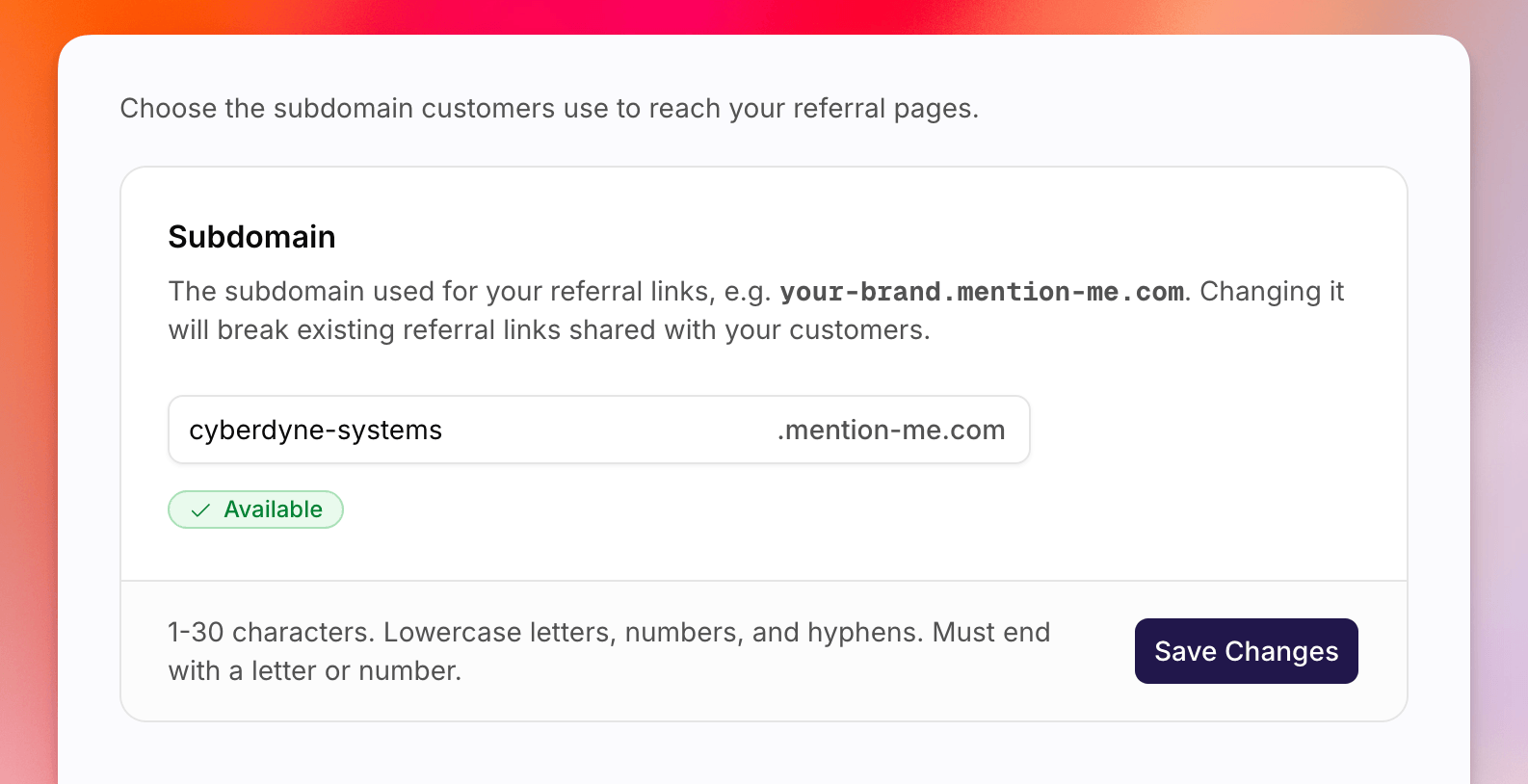 Domain settings showing the subdomain input ending in
mention-me.com