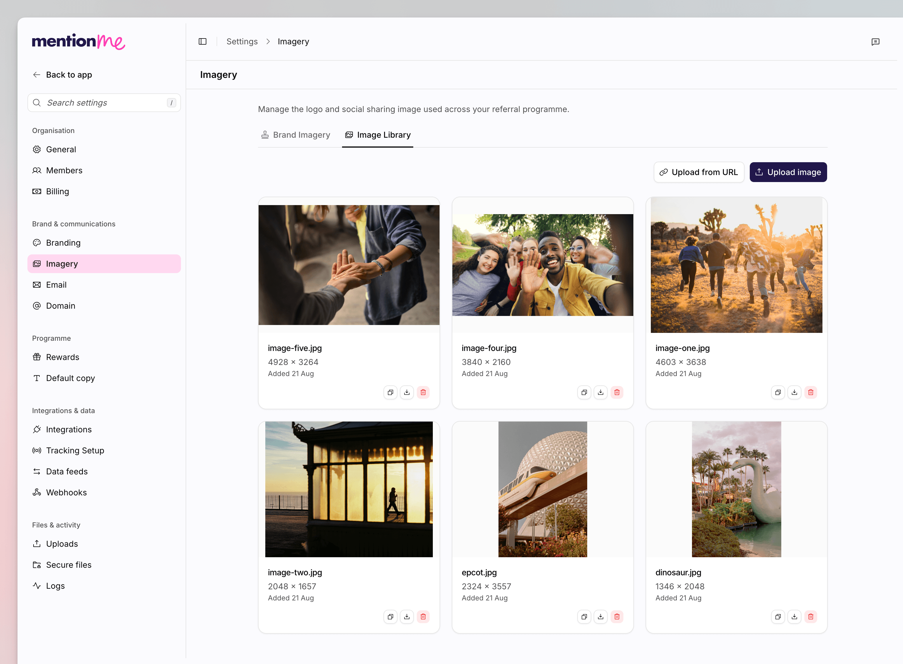 Image Library with a grid of brand images and upload
actions