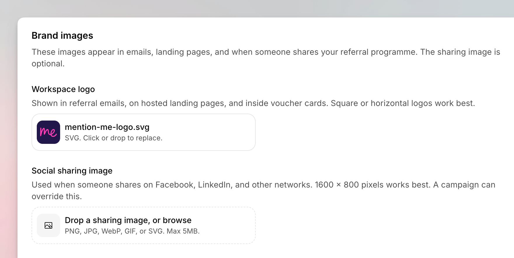 Imagery settings with workspace logo and social sharing image drop
zones