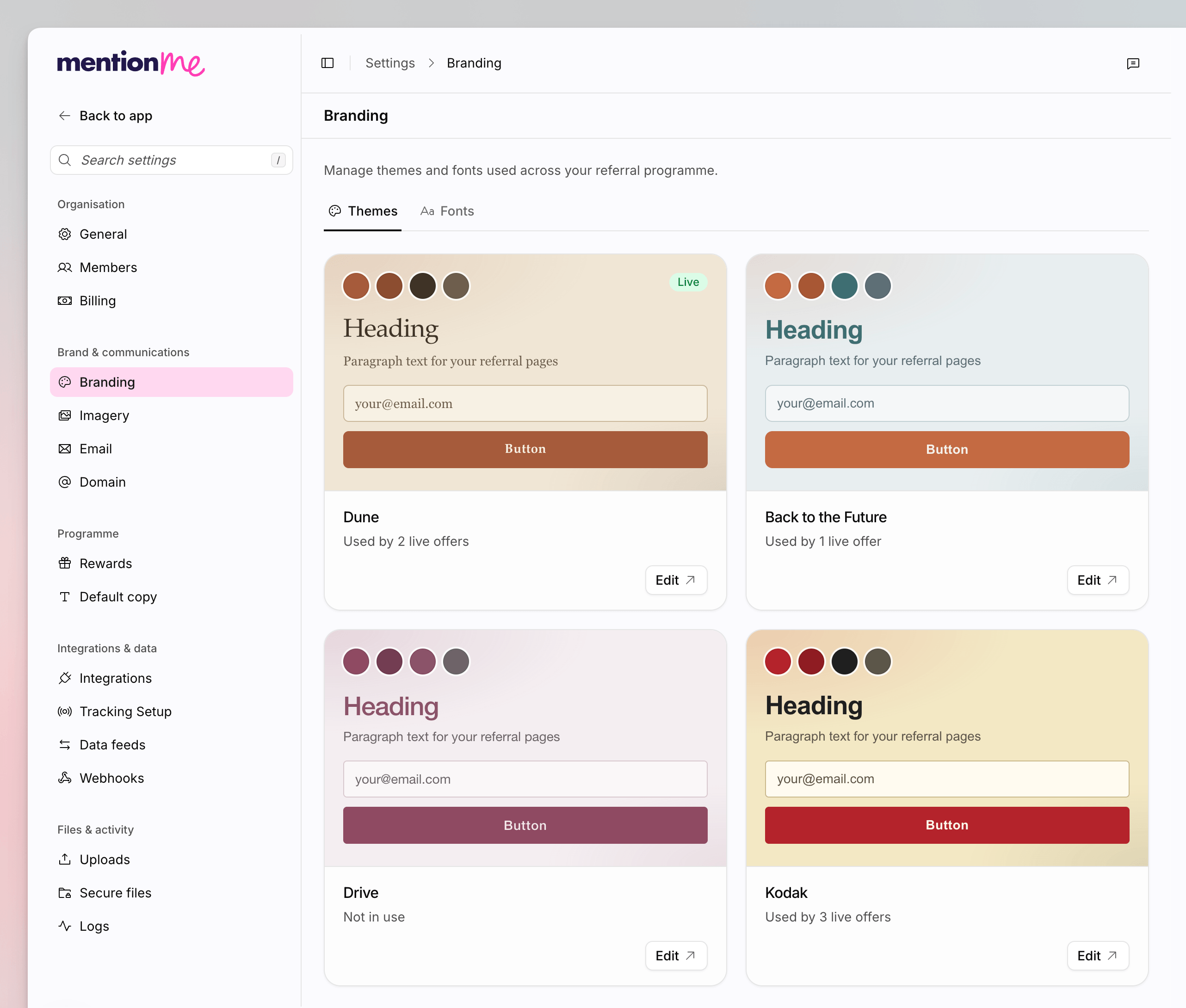 Branding settings Themes tab with live theme
cards
