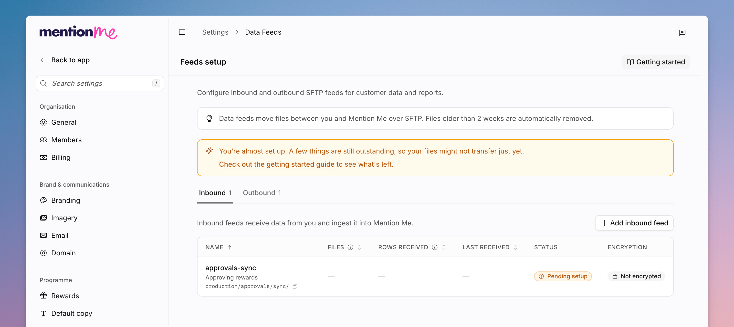 Data feeds setup with inbound and outbound feed
lists