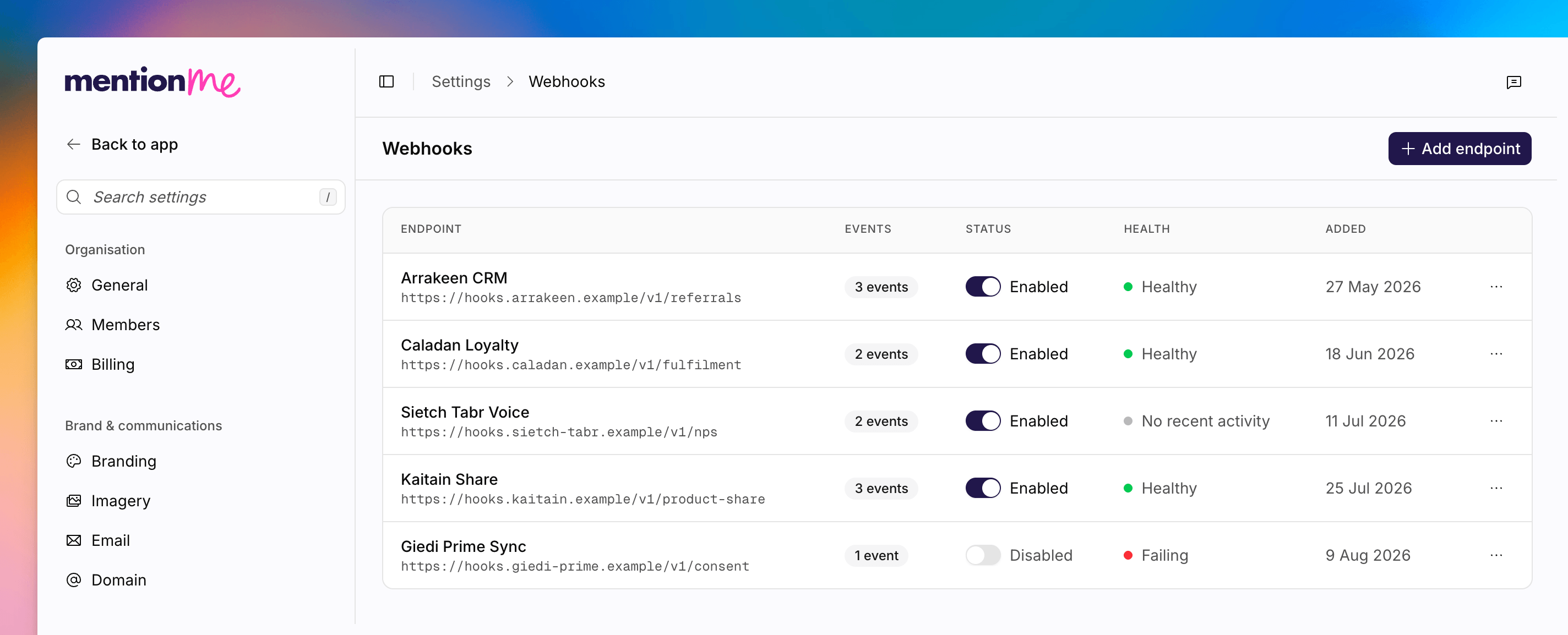 Webhooks settings with endpoint rows and an add endpoint
button