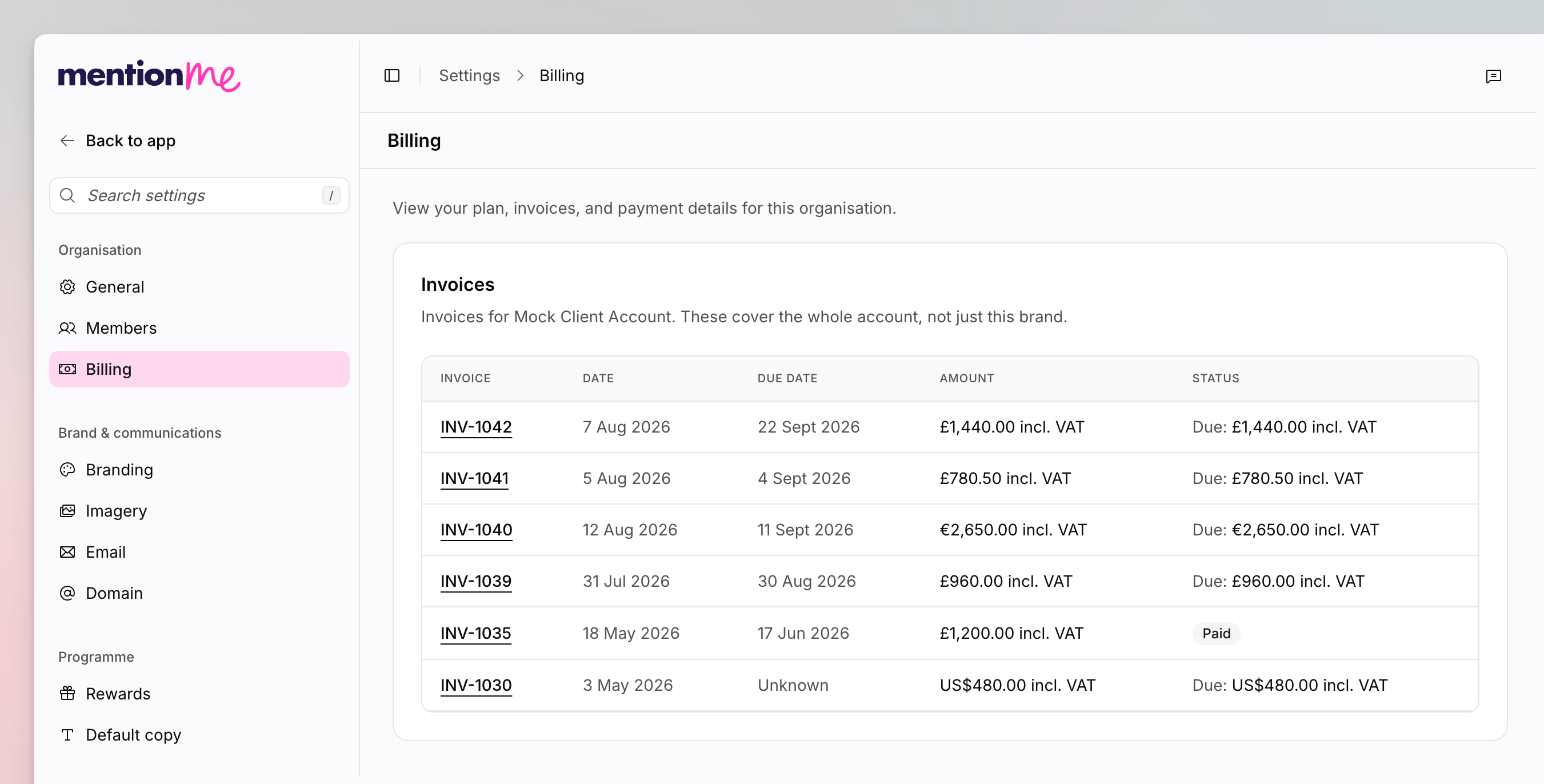 Billing settings showing plan details and an invoices
table