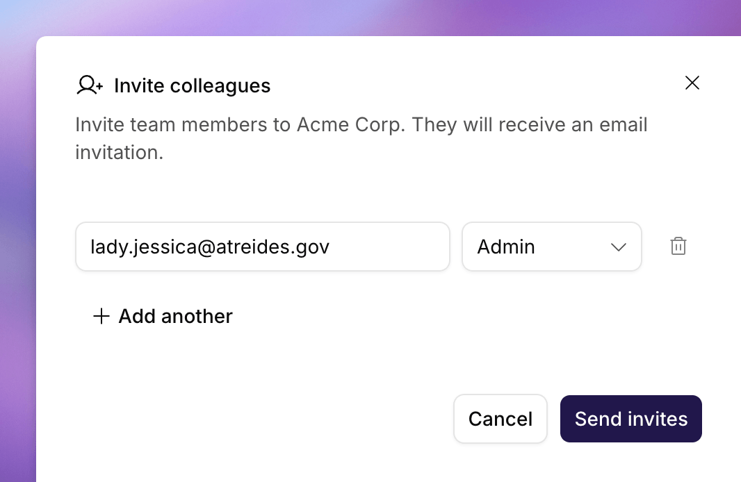 Invite colleagues dialog with email and role fields