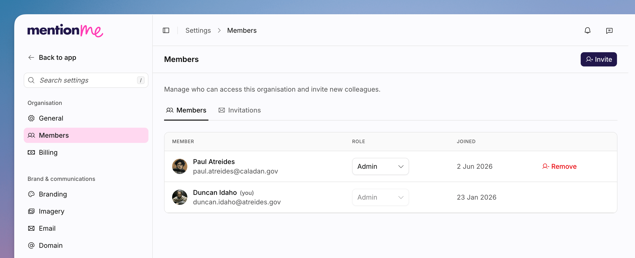 Members settings with a table of members and an Invite
button