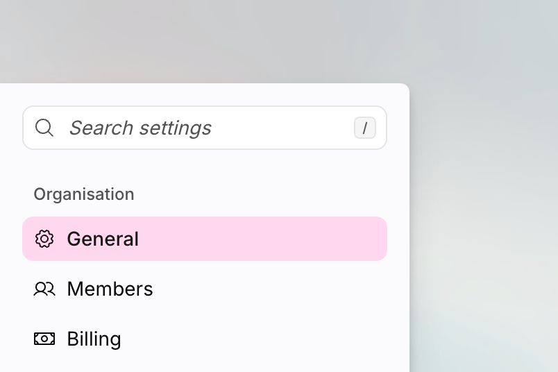 Organisation settings sidebar showing grouped pages and a search
box