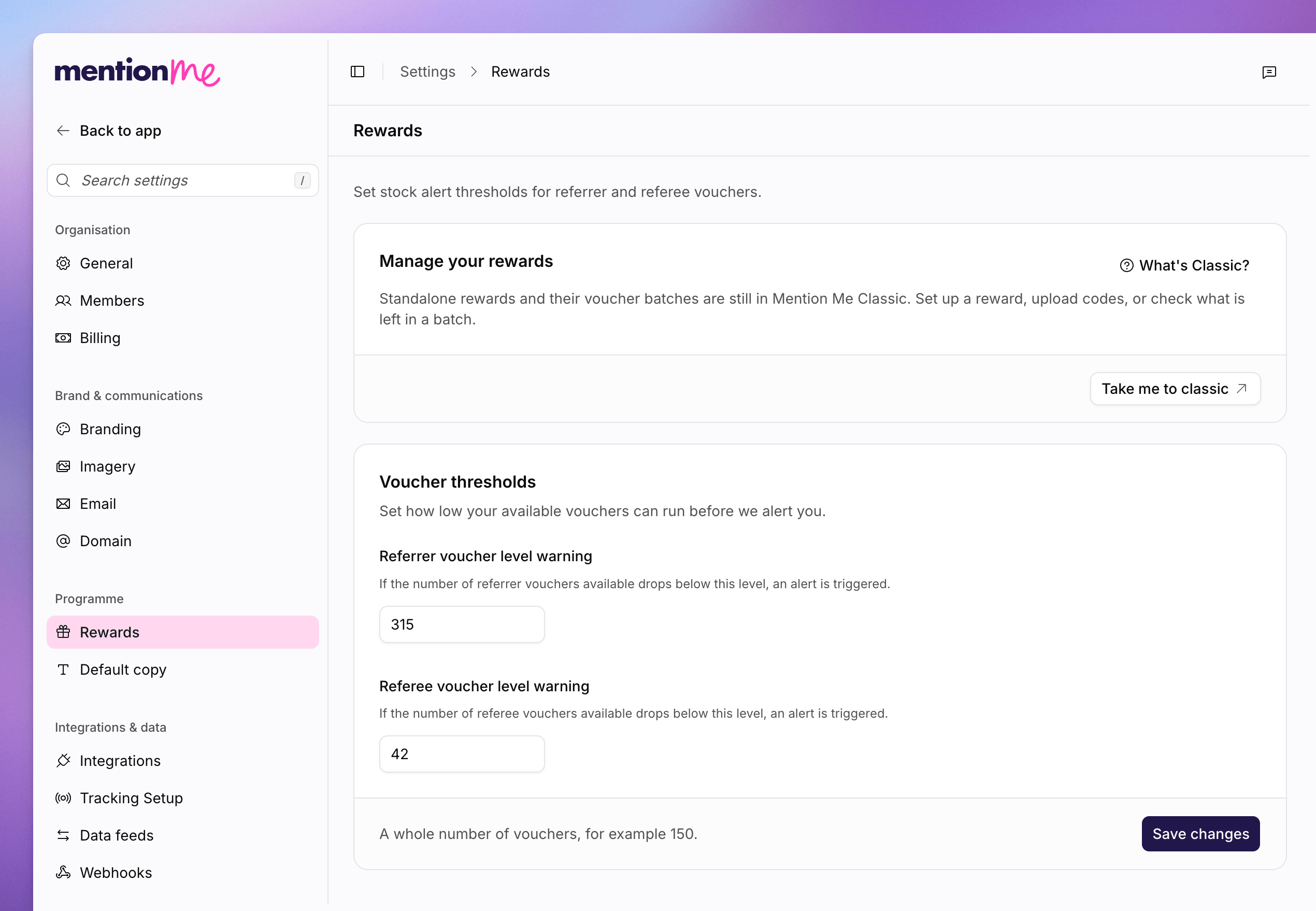 Rewards settings showing referrer and referee voucher threshold
fields