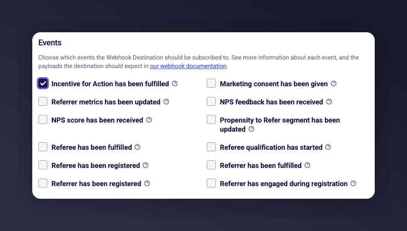 Event type checkboxes for a new webhook destination