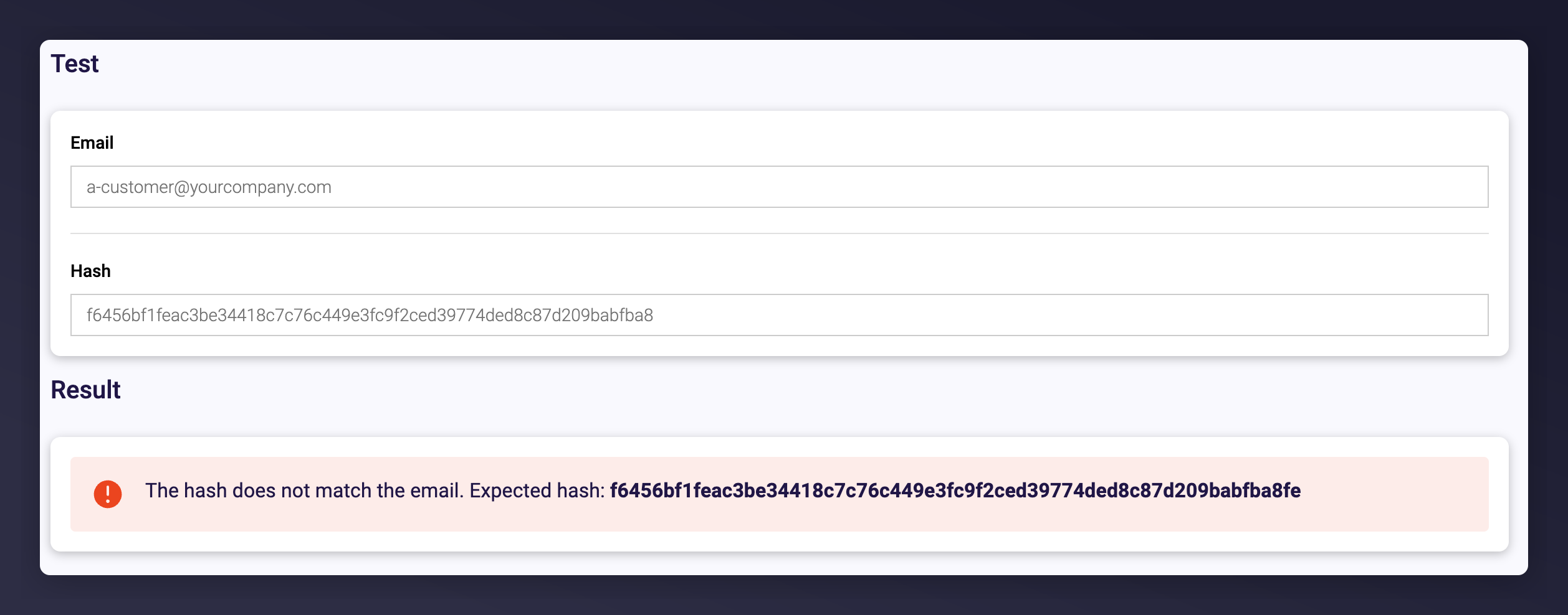 The Mention Me Hash Testing tool comparing a submitted hash against the expected value