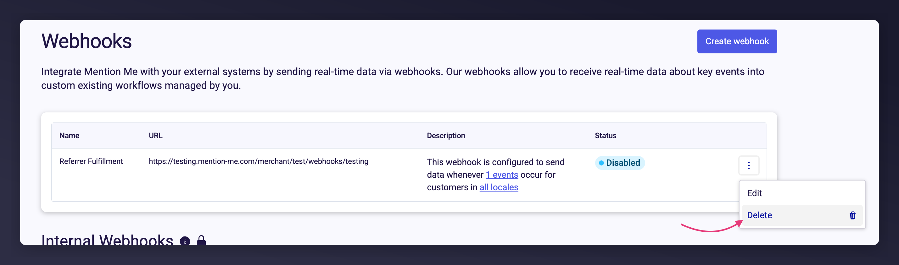The Delete option shown in the webhook actions menu