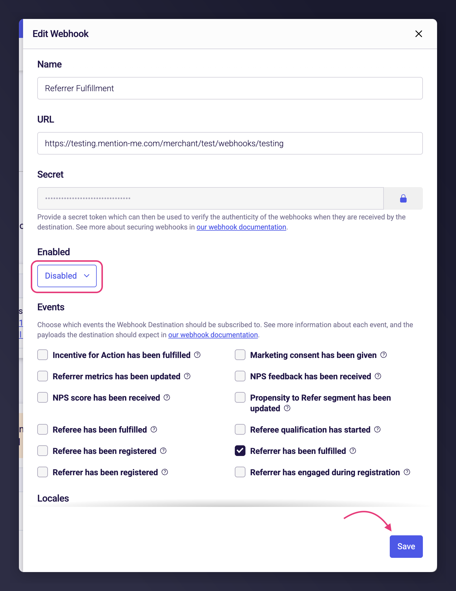 The webhook destination row showing the Disabled status after saving