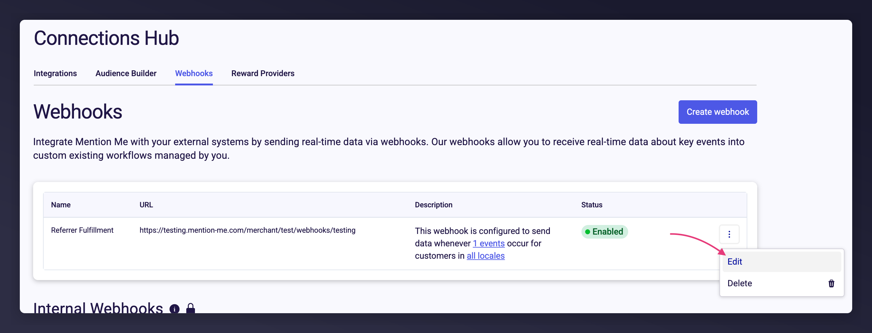 The Edit option shown in the webhook actions menu