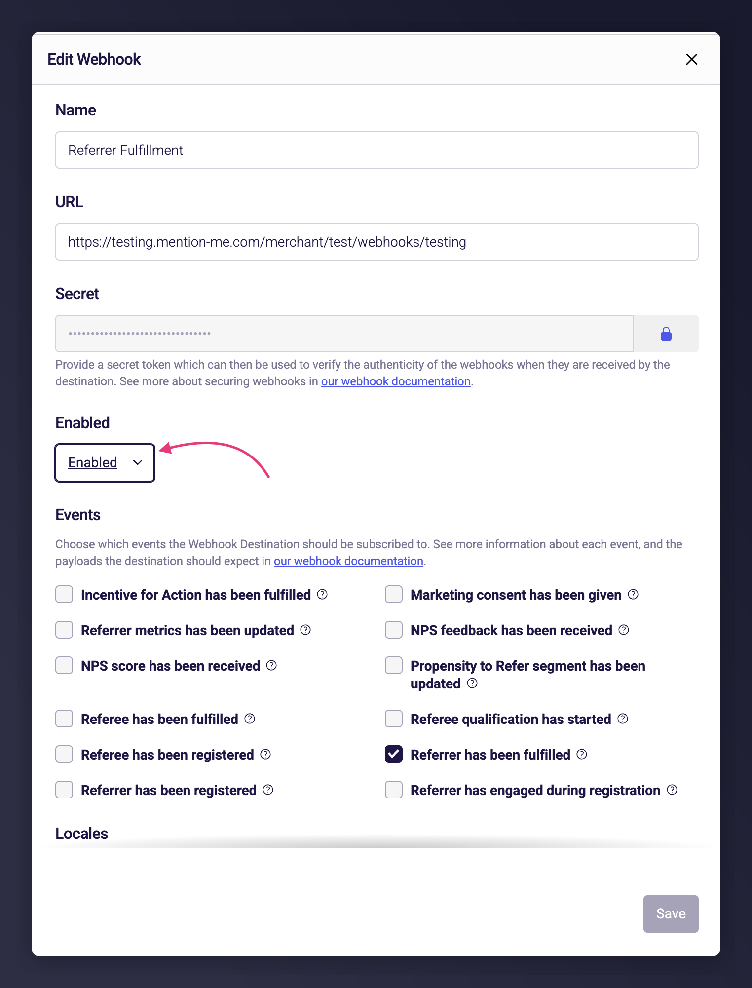 The Enabled dropdown for a webhook destination set to Disabled