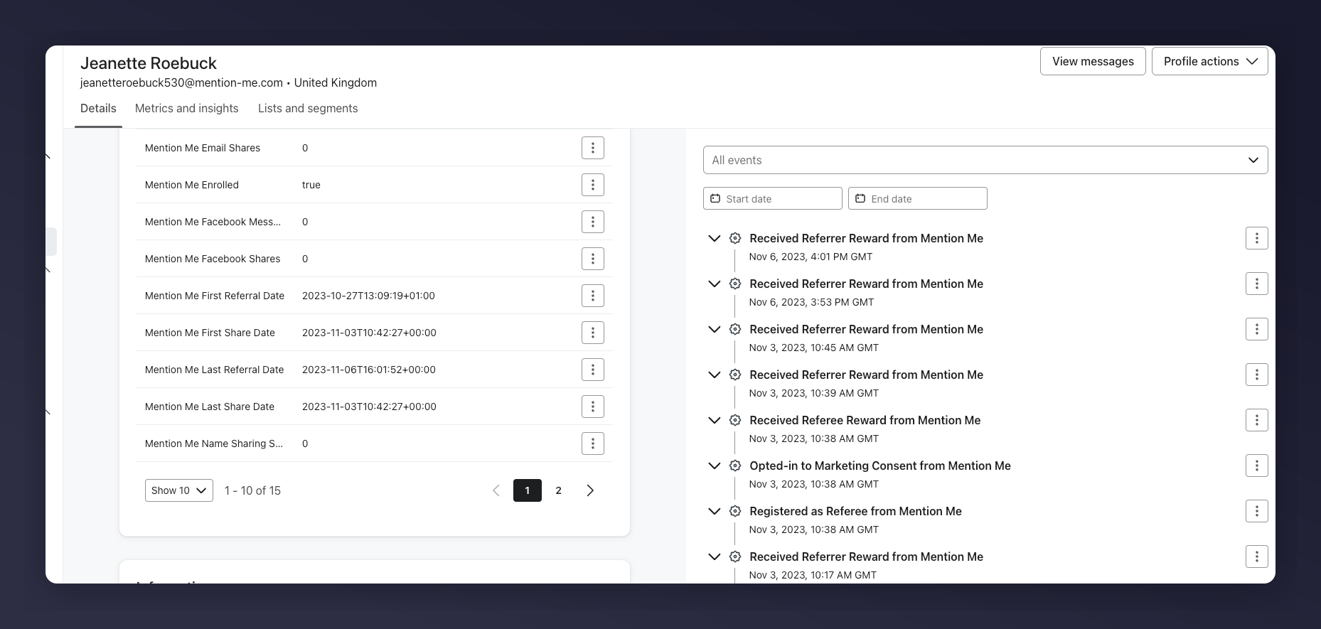 Klaviyo customer profile showing Mention Me custom events