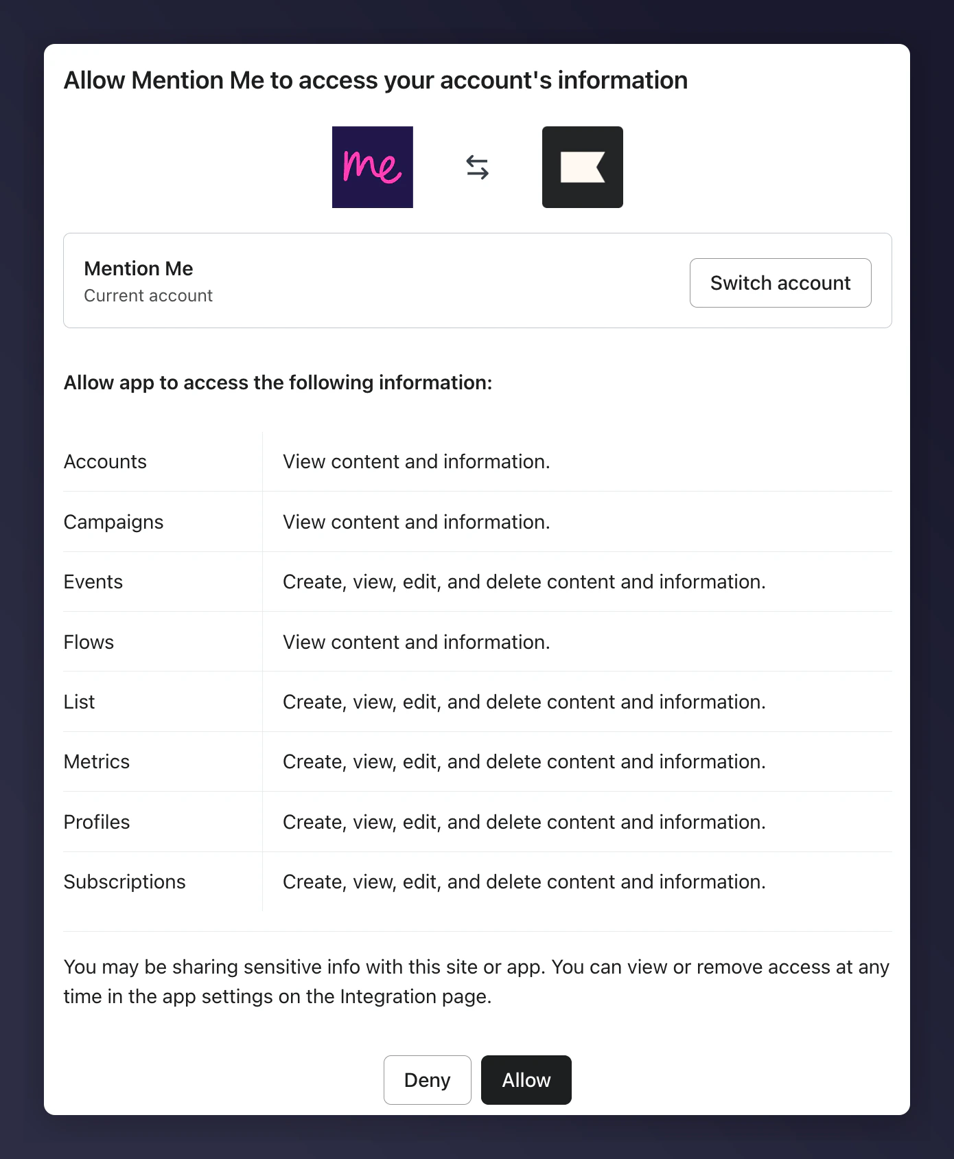 Klaviyo permissions grant for Mention Me access