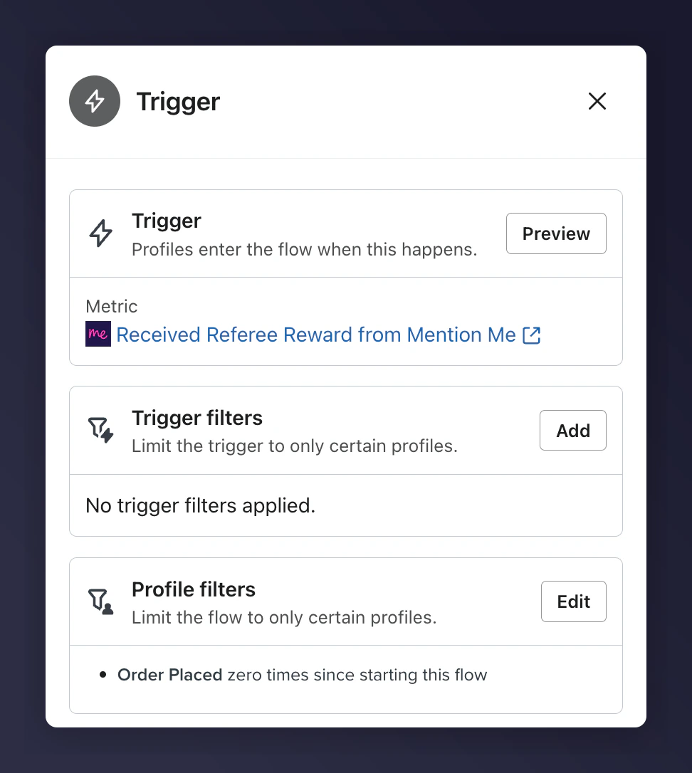 Klaviyo flow trigger with Placed Order zero times filter