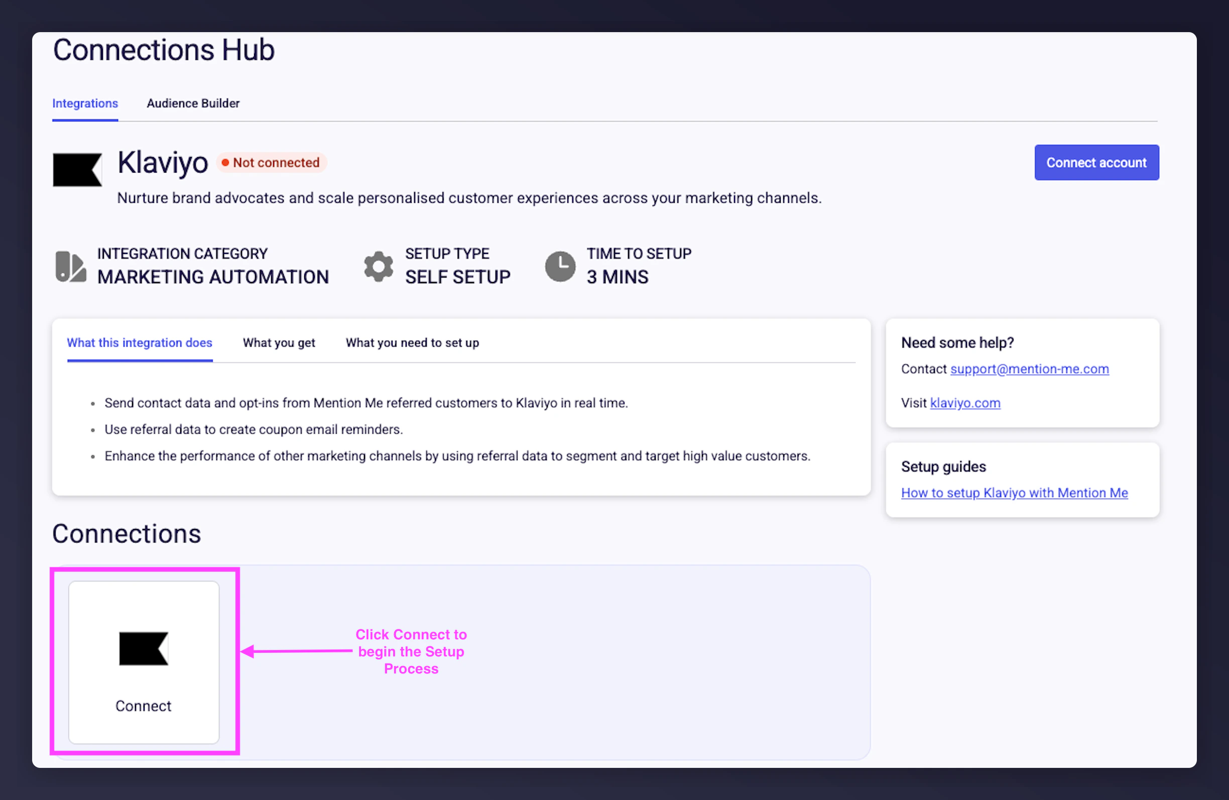 Mention Me Klaviyo integration page with Connect button