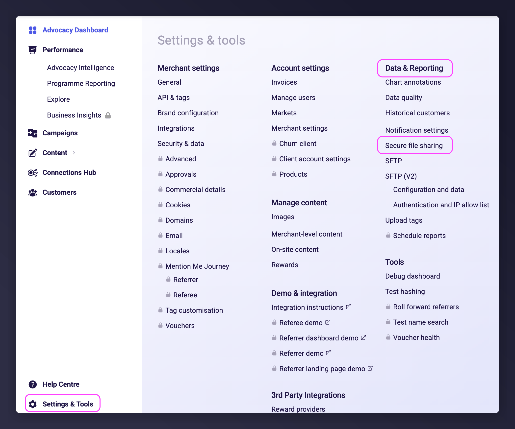 Mention Me secure file transfer page for downloading ECR CSV