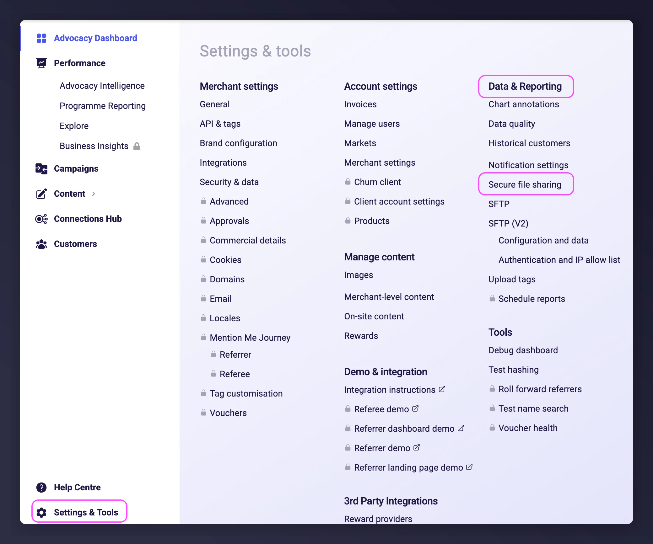 Mention Me secure file transfer page under Settings and Tools