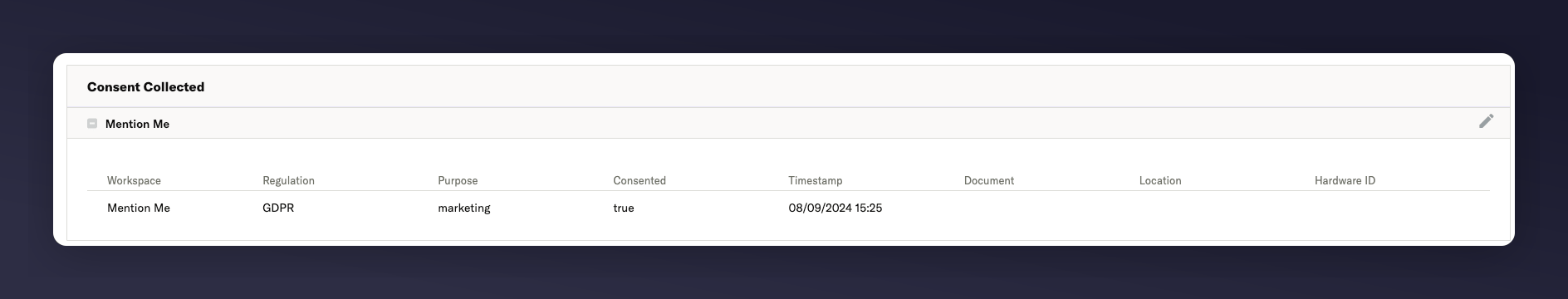 mParticle customer profile showing GDPR consent from Mention Me