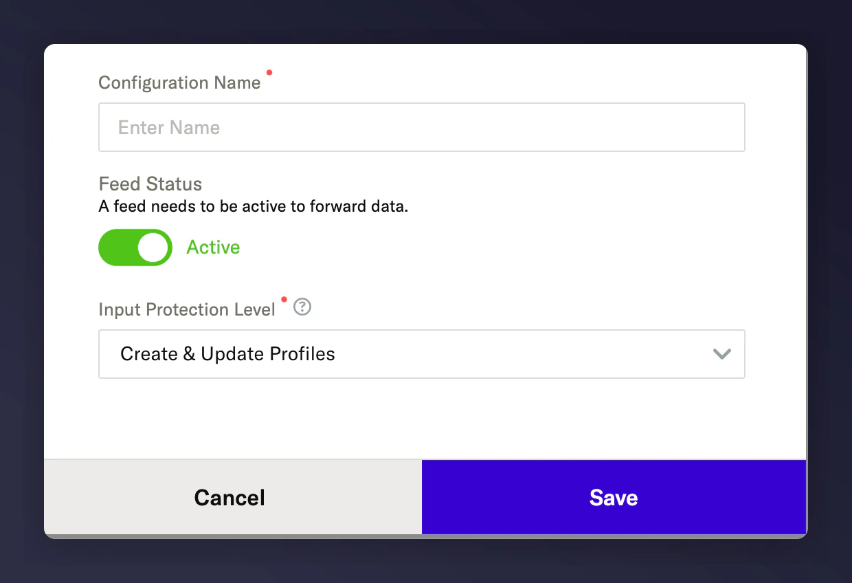 mParticle feed configuration with name, active status, and permissions