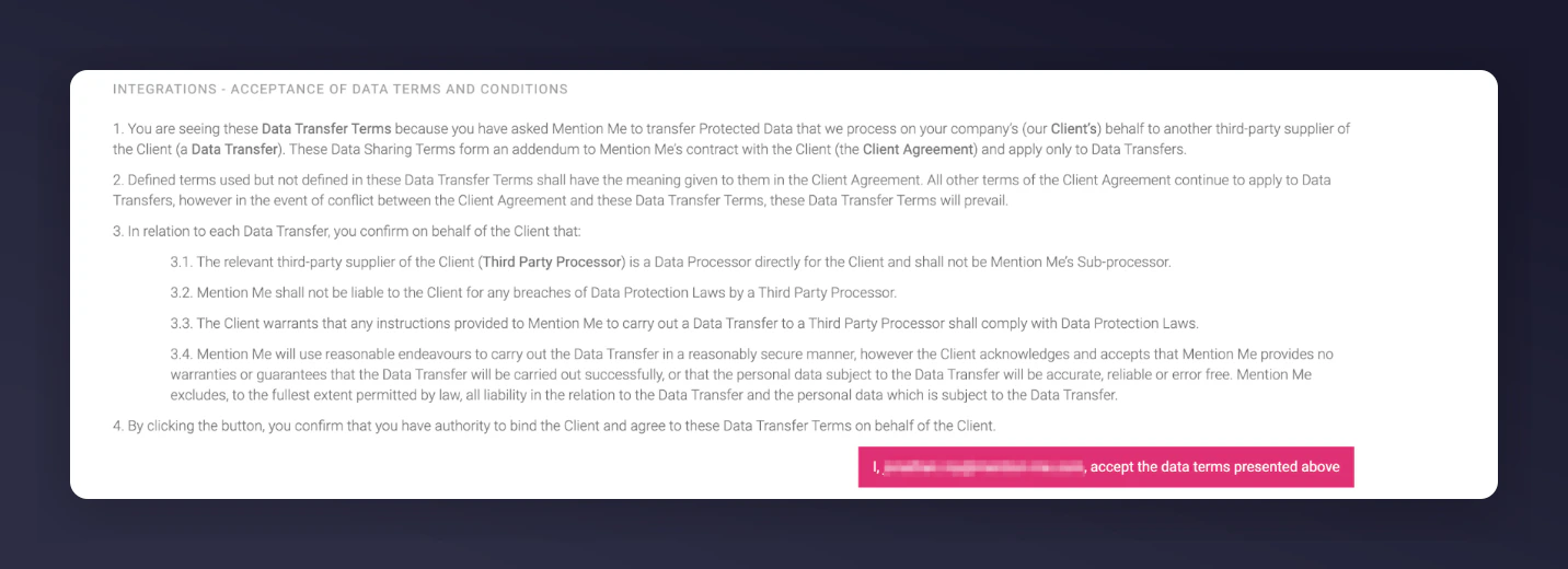 Mention Me terms and conditions acceptance for mParticle integration