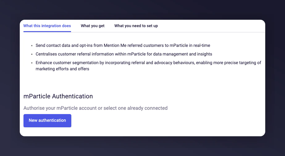 Mention Me New Authentication button for mParticle