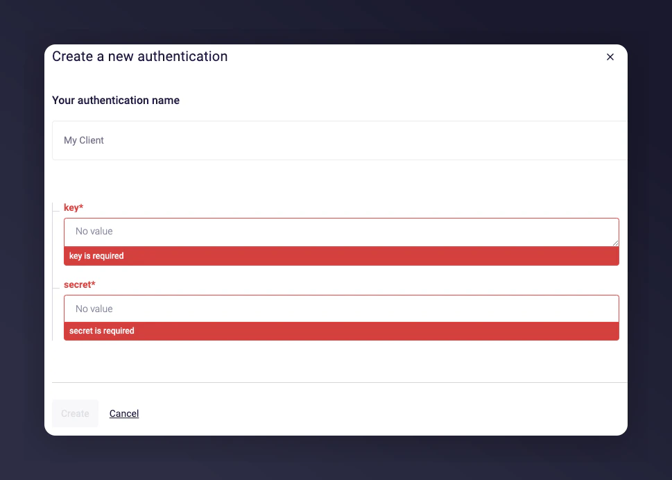 Mention Me authentication form with API key and secret fields