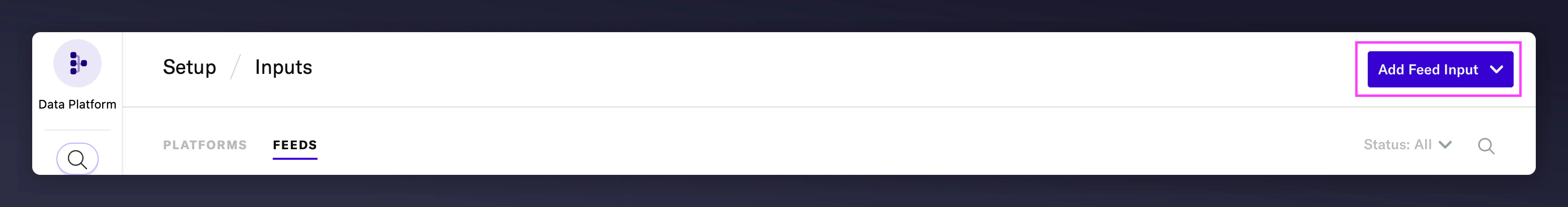 mParticle Setup menu navigating to Inputs and Add Feed Input