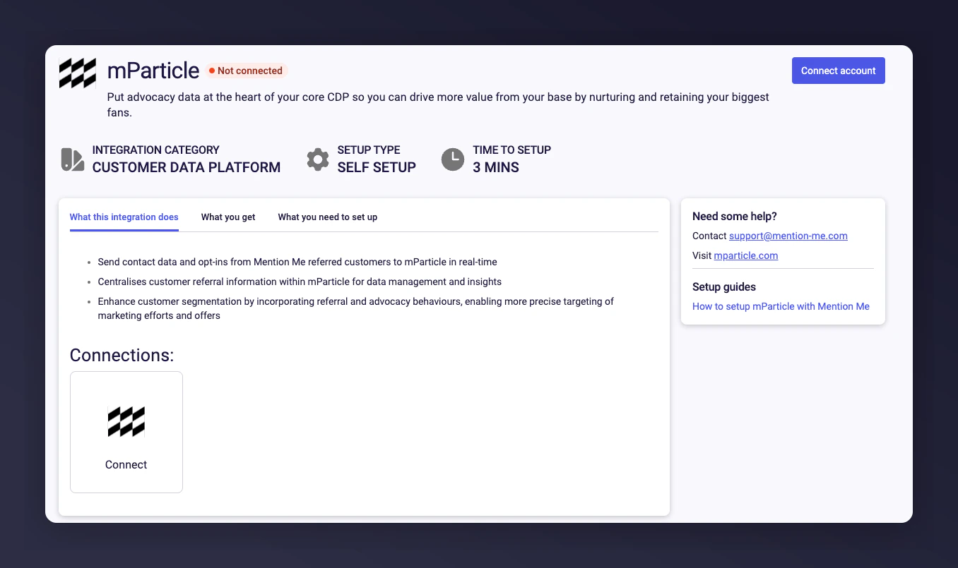 Mention Me mParticle integration page with Connect button