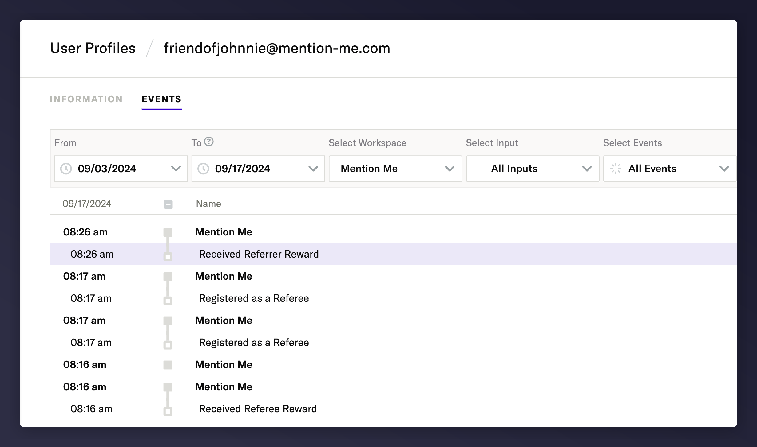 mParticle customer profile showing Mention Me custom events